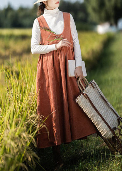 Orange Wrinkled Pockets Corduroy Vest Dresses Sleeveless
