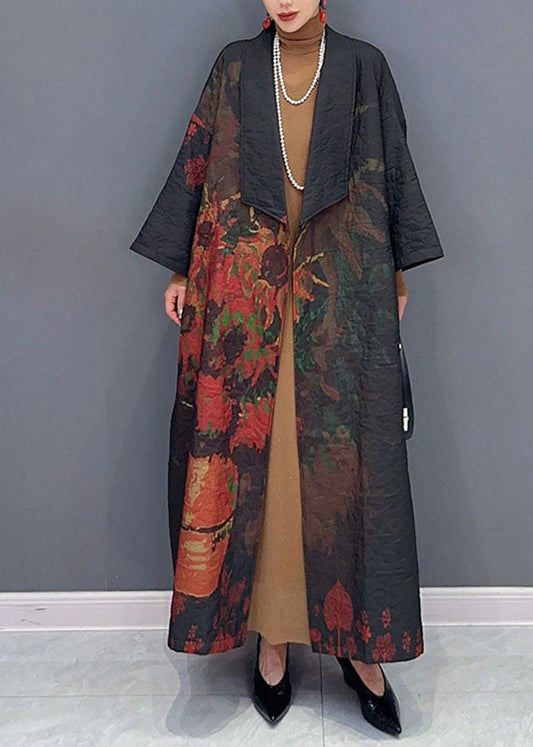Black Asymmetrical Print Long Trench Coats Long Sleeve Fall