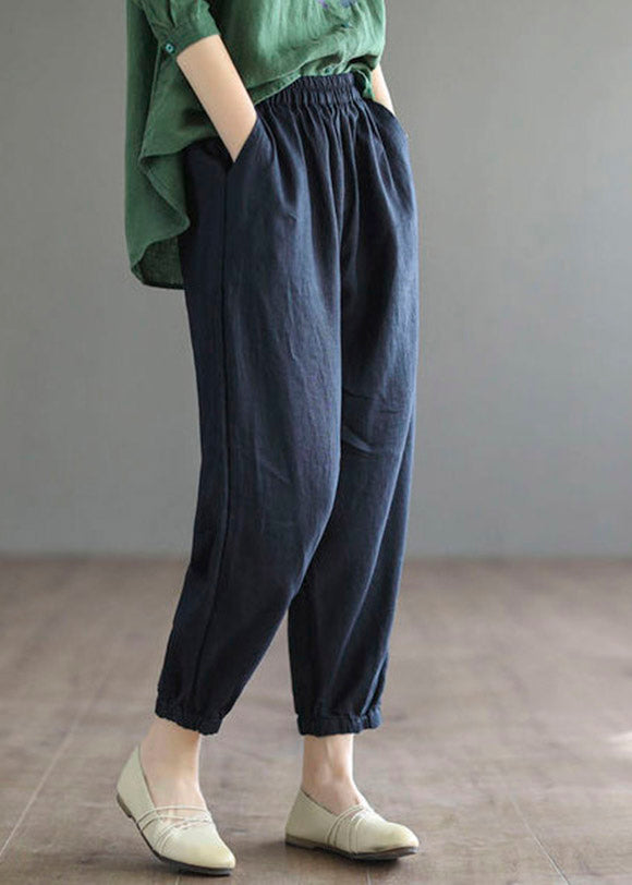 Navy Elastic Waist Harem Cotton Pants Summer