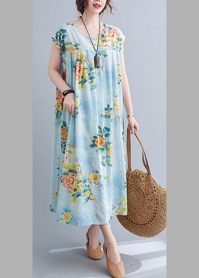 Flower Number Five O-neck Print Pockets Wrinkled Cotton Long Dress Short Sleeve
