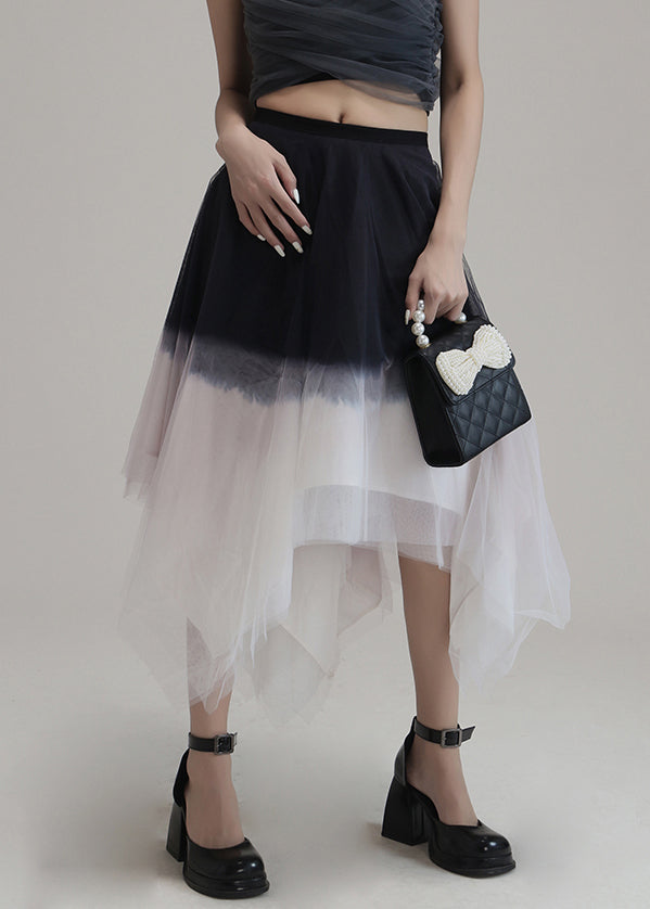 Pink Gradient Color Asymmetrical High Waist Tulle Skirt Summer