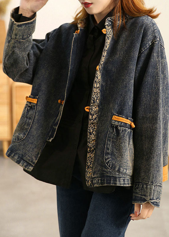 Blue Stand Collar Oriental Button Pockets Patchwork Cotton Denim Coat Outwear Long Sleeve