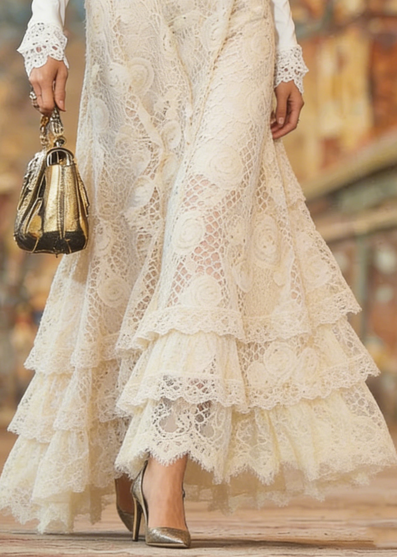 Beige Elastic Waist Lace Maxi Skirt Spring
