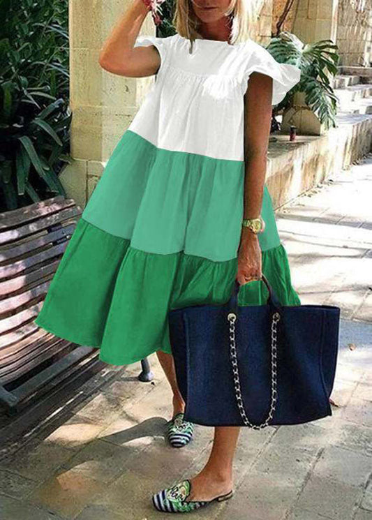 Green O-neck Layered Patchwork Beach Dress Short Sleeve