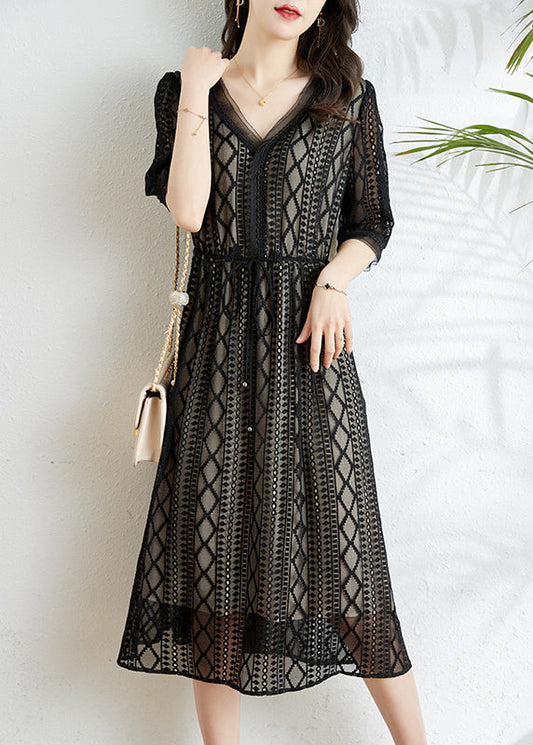 Black V Neck Tie Waist Silk Long Dress Half Sleeve