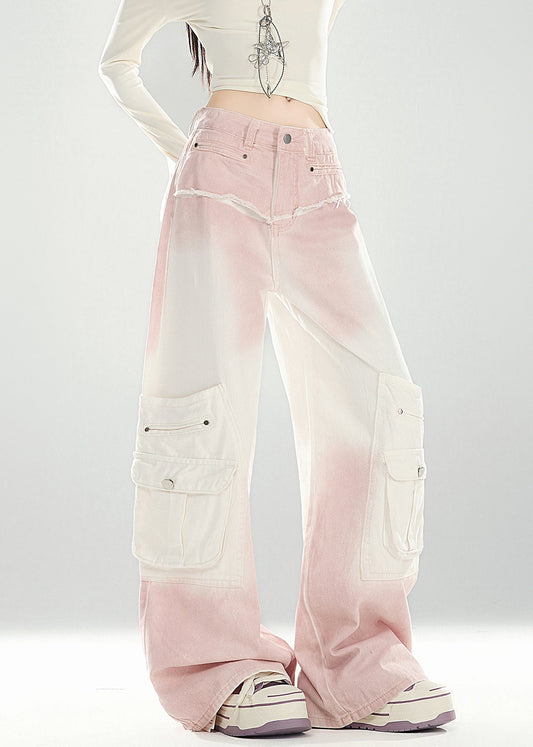 Pink Gradient Color Pockets High Waist Denim Pants Spring