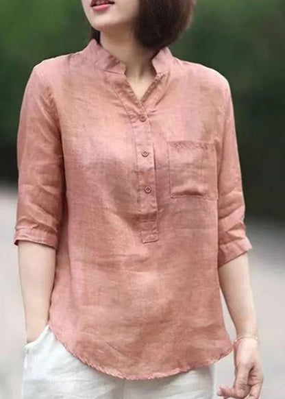 Pink Stand Collar Pockets Linen Blouses Top Half Sleeve