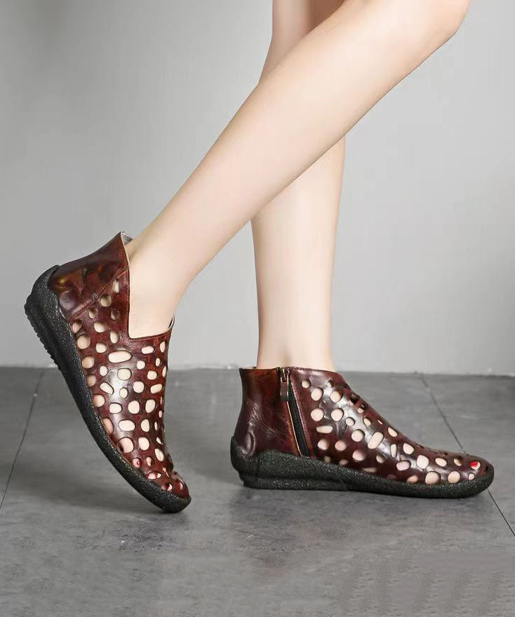Hollow Out Splicing Wedge Boots Brown Cowhide Leather