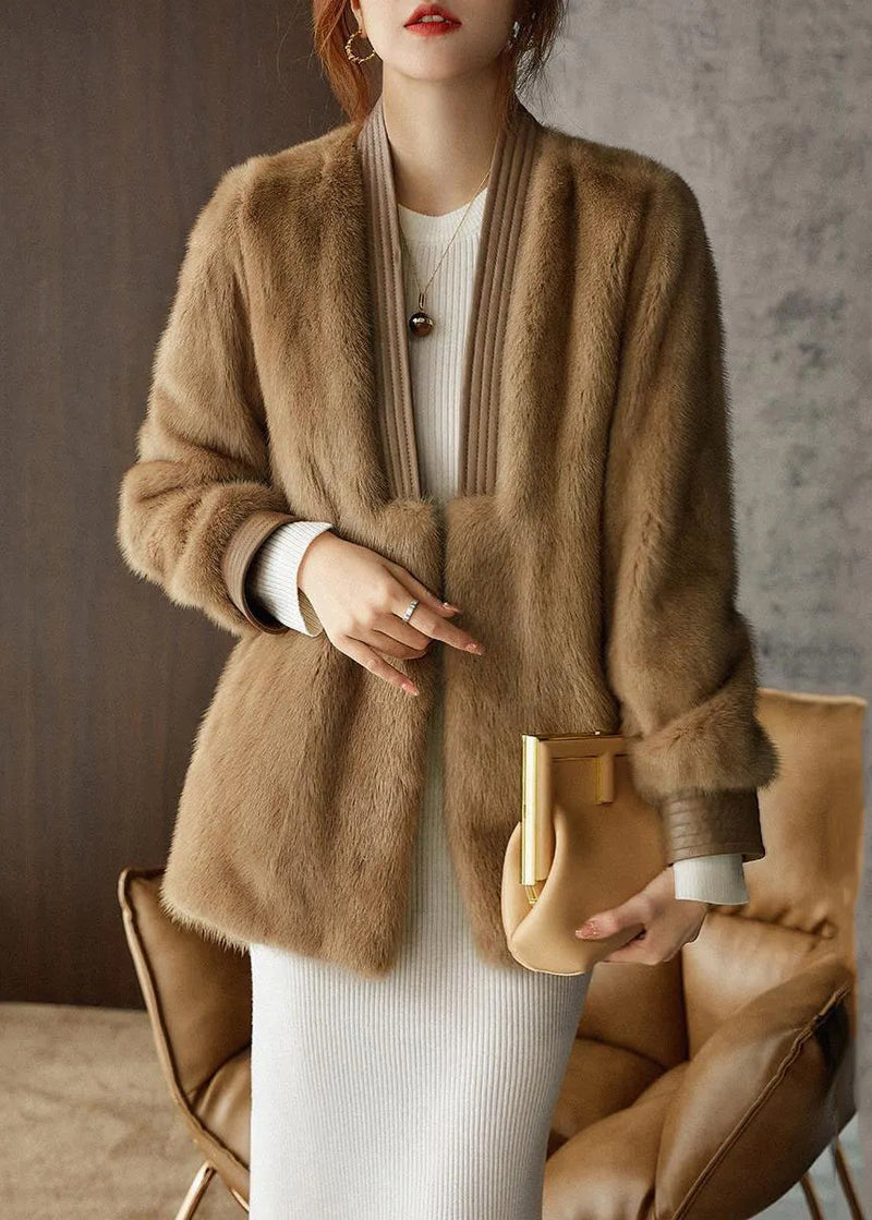 Beige V Neck Mink Hair Coats Long Sleeve