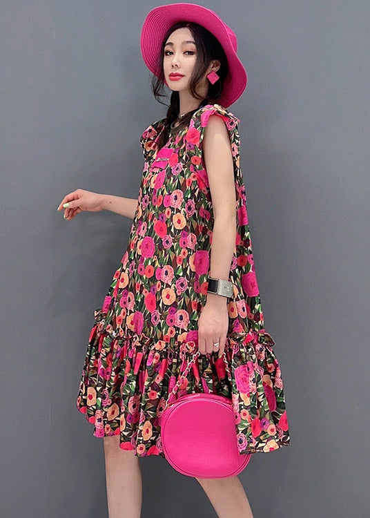 Unique O-neck Print Wrinkled Mid Dresses Short Sleeve