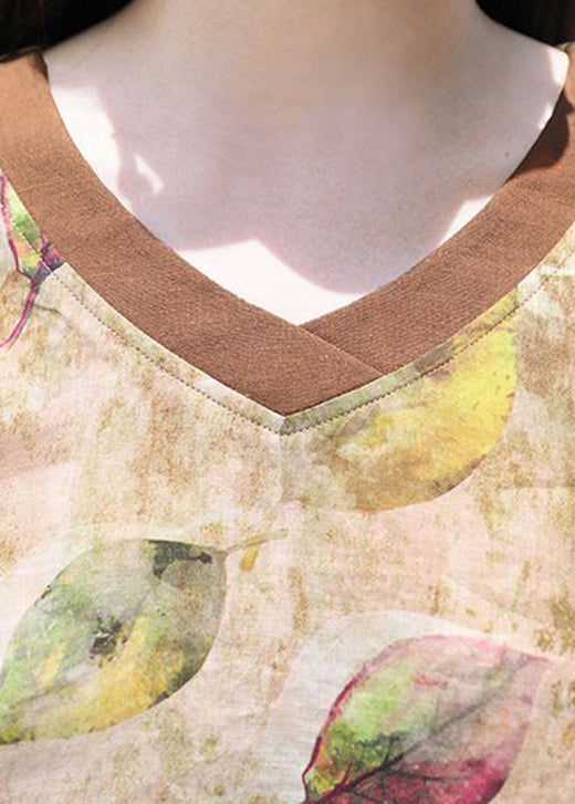 V Neck Print Loose Cotton Blouse Top Summer