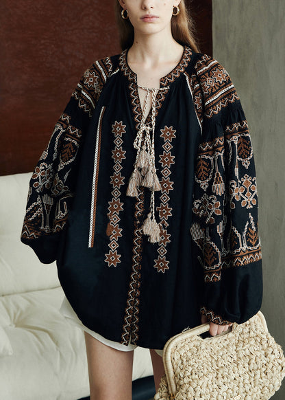 Loose Black Printing Patchwork Linen Shirts Puff Sleeve