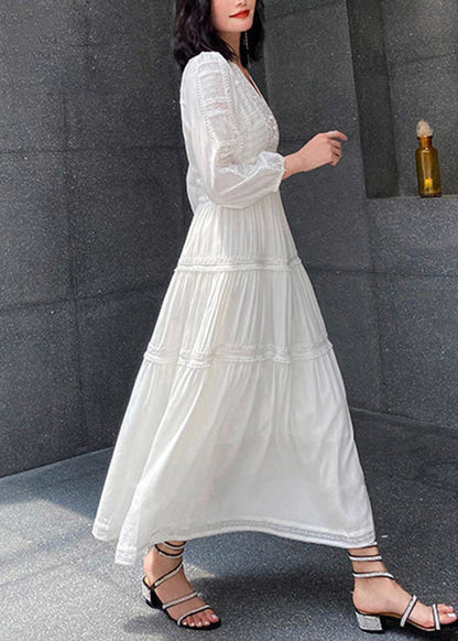 Red V Neck Wrinkled Cotton Long Dress Spring