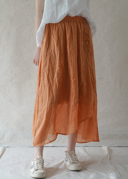 Style Orange Elastic Waist Button Asymmetrical Linen Skirts Spring