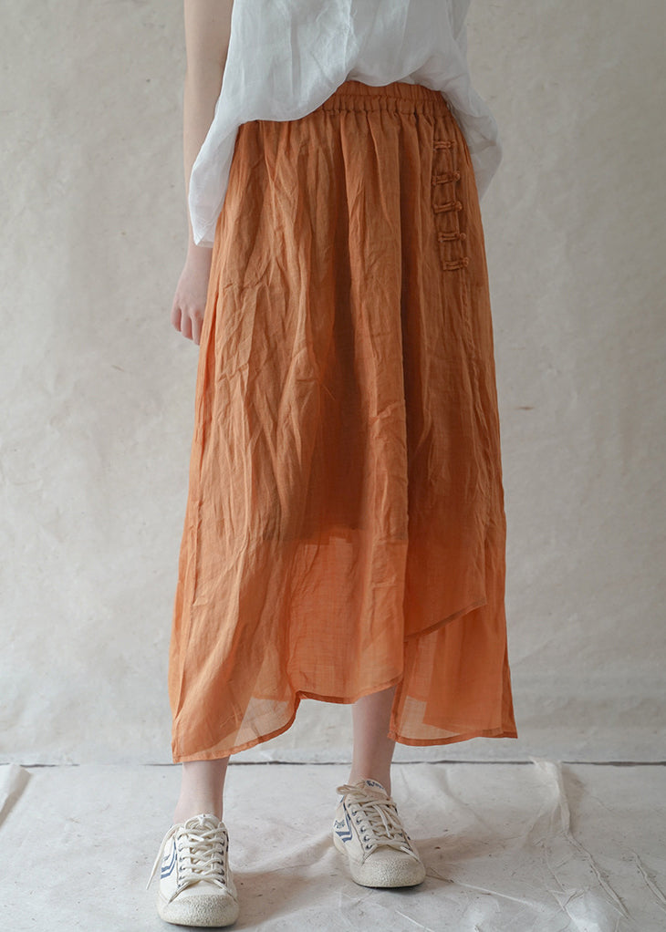 Style Orange Elastic Waist Button Asymmetrical Linen Skirts Spring