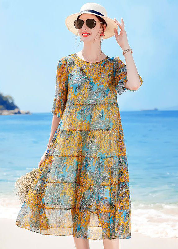 Yellow O-neck Patchwork Print Silk Holiday Dress Short Sleeve