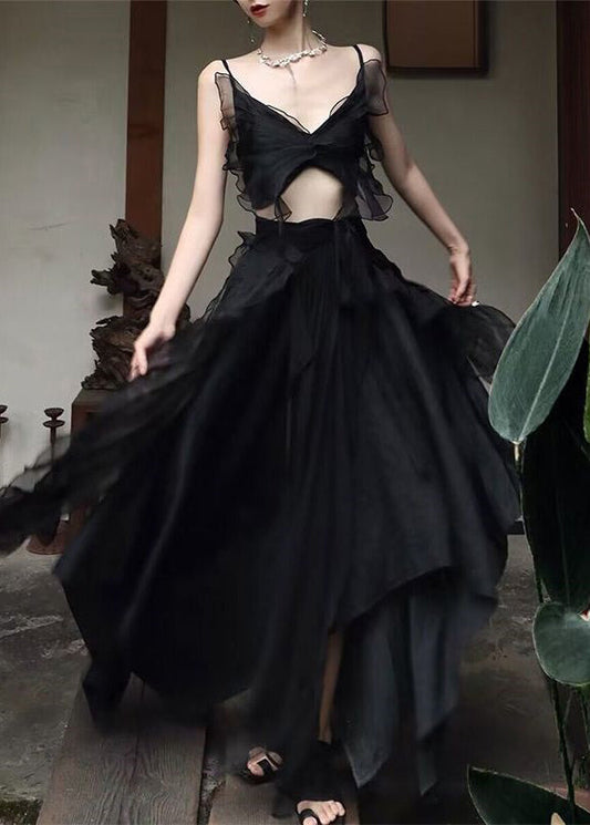 Diy Black V Neck Butterfly Tulle Vest and Maxi Skirts Two Pieces Set Summer
