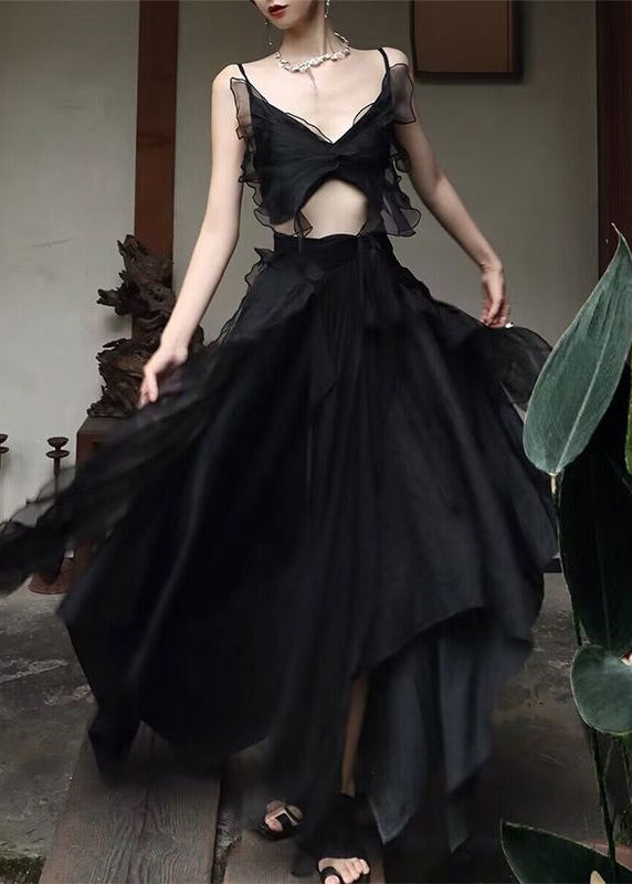 Diy Black V Neck Butterfly Tulle Vest and Maxi Skirts Two Pieces Set Summer