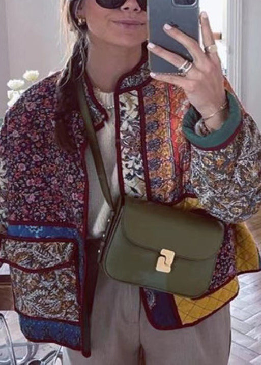 Stand Collar Print Loose Fine Cotton Filled Jacket Spring
