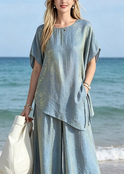 Gradient Color Blue O-neck Silk T Shirts and Wide Leg Pants Two Pieces Set Short Sleeve