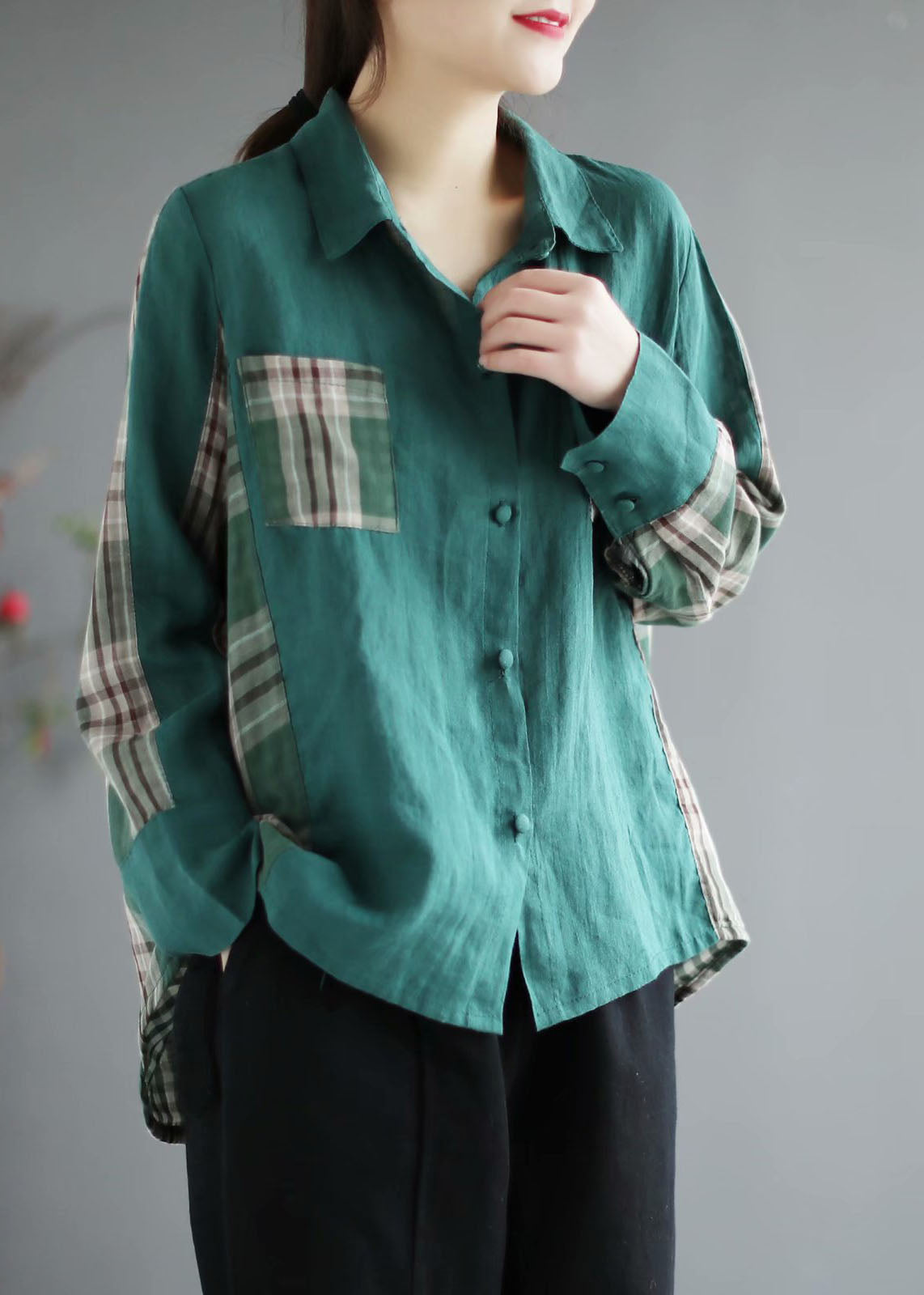 French Green Plaid Patchwork Peterpan Collar Pockets Fall Long Sleeve Tops
