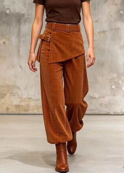 Diy Brown Tie Waist Patchwork Corduroy Pants Skirt Spring