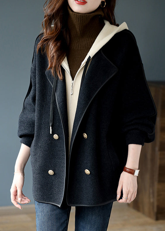 Black False Two Pieces Patchwork Woolen Hooded Coat Winter
