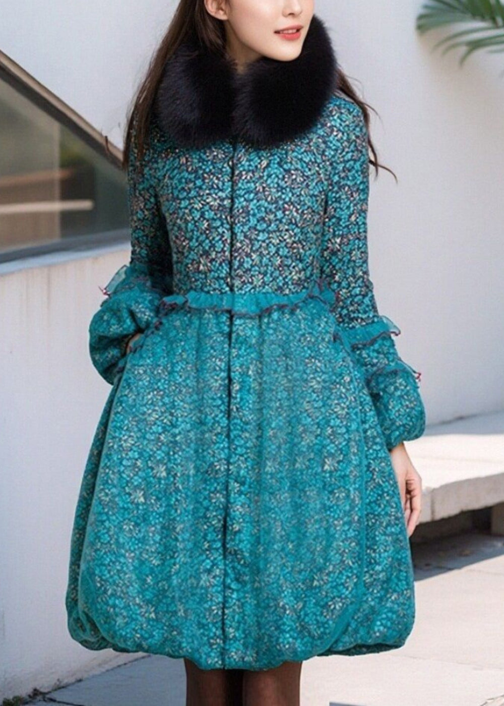 Blue Print Ruffled Patchwork Fine Cotton Filled Coat Winter