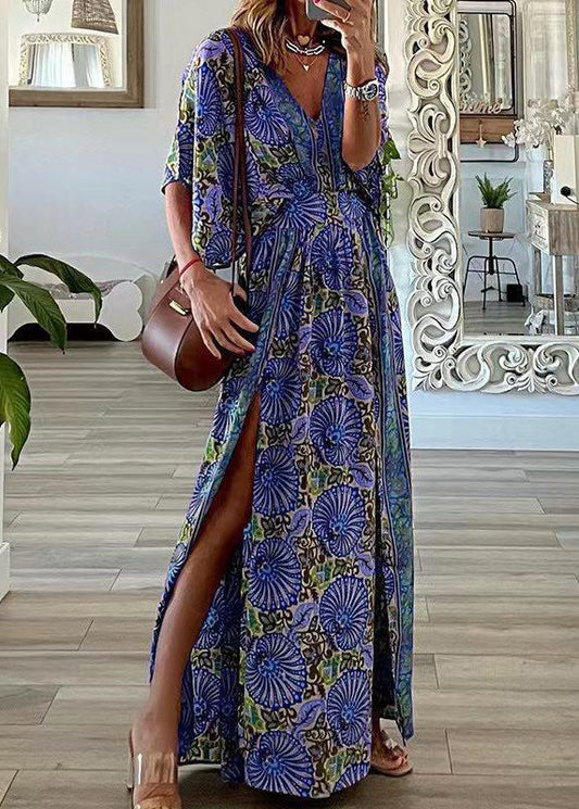 Blue V Neck Print Side Open Cotton Maxi Dresses Summer
