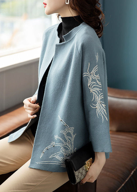 Blue O-neck Print Woolen Loose Coat Long Sleeve