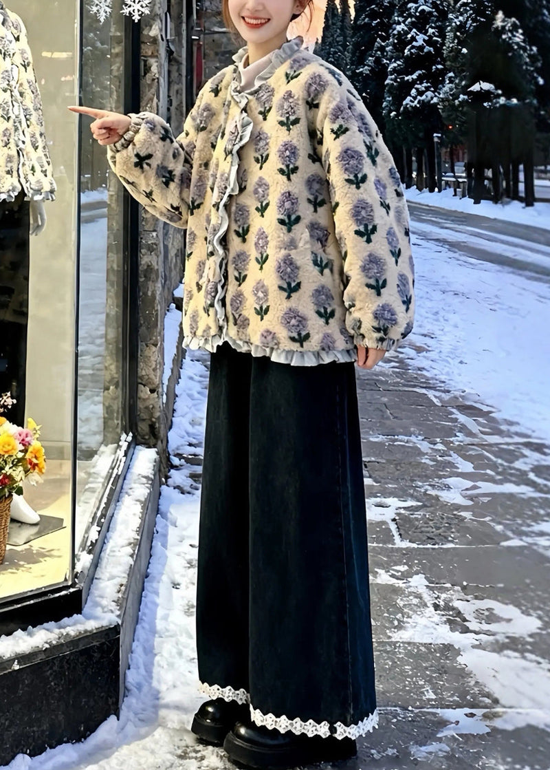 Italian Print Ruffled Patchwork Mink Velvet Coats and Wide Leg Pants Two Pieces Set Winter