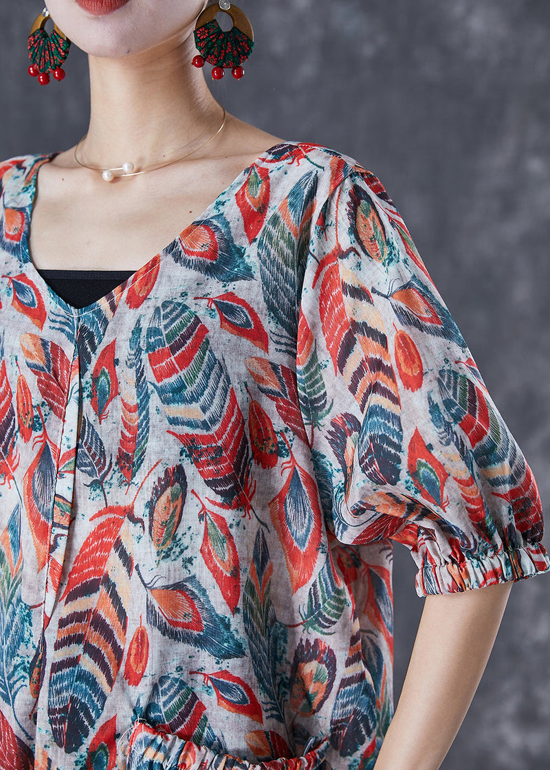 Red Feather Print Pockets Linen Jumpsuit Summer