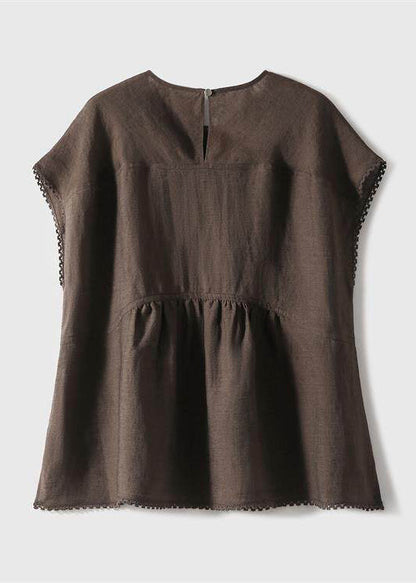Art Brown Oversized Patchwork Wrinkled Linen Tank Tops Summer