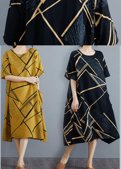 French Black Print Half Sleeve Maxi Summer Cotton Linen Dress