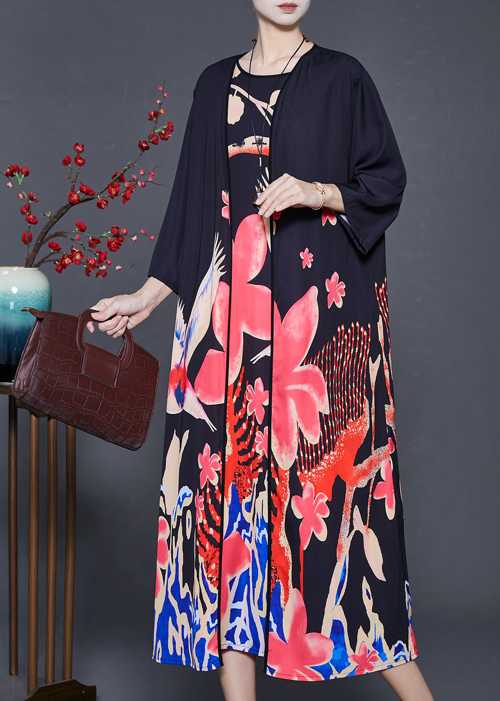 Diy Black Oversized Print Silk 2 Piece Outfit Fall