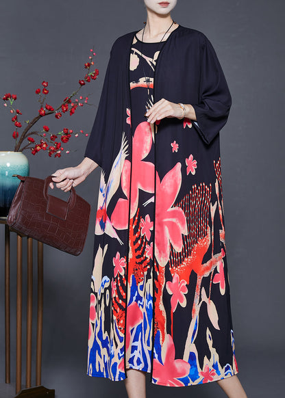 Diy Black Oversized Print Silk 2 Piece Outfit Fall