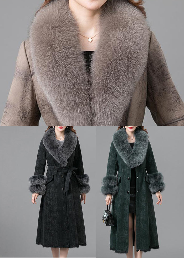 Black Warm Faux Rabbit Leather and Fur Coats Fox Collar Tie Waist Winter