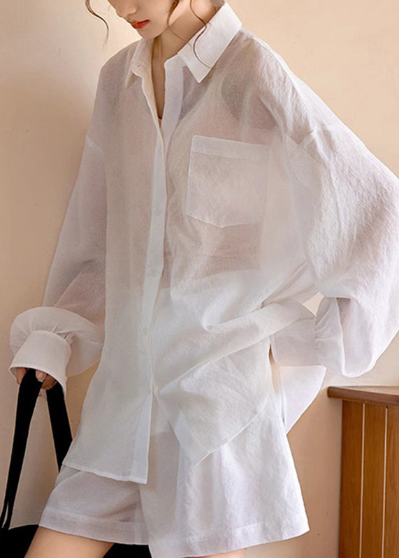 Simple White Pockets Shirts and Shorts Two Piece Suit Set Long Sleeve Spring