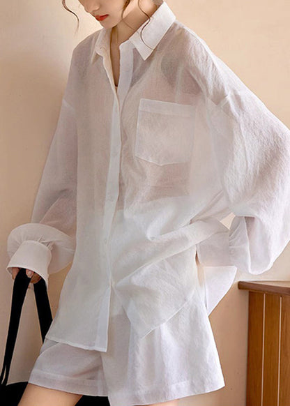 Simple White Pockets Shirts and Shorts Two Piece Suit Set Long Sleeve Spring