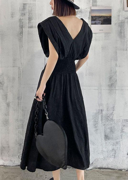 Black Cinched V Neck Sleeveless Summer Maxi Dresses