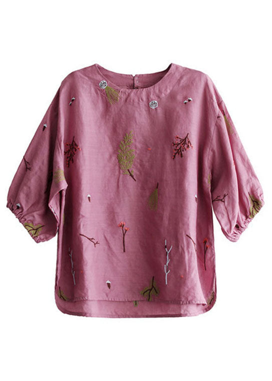 Yellow O-neck Embroideried Linen Tank Top Lantern Sleeve