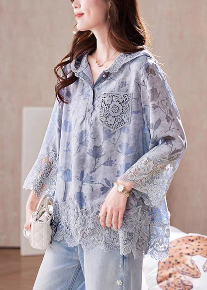 Loose Blue Hooded Print Lace Patchwork Cotton T Shirt Fall