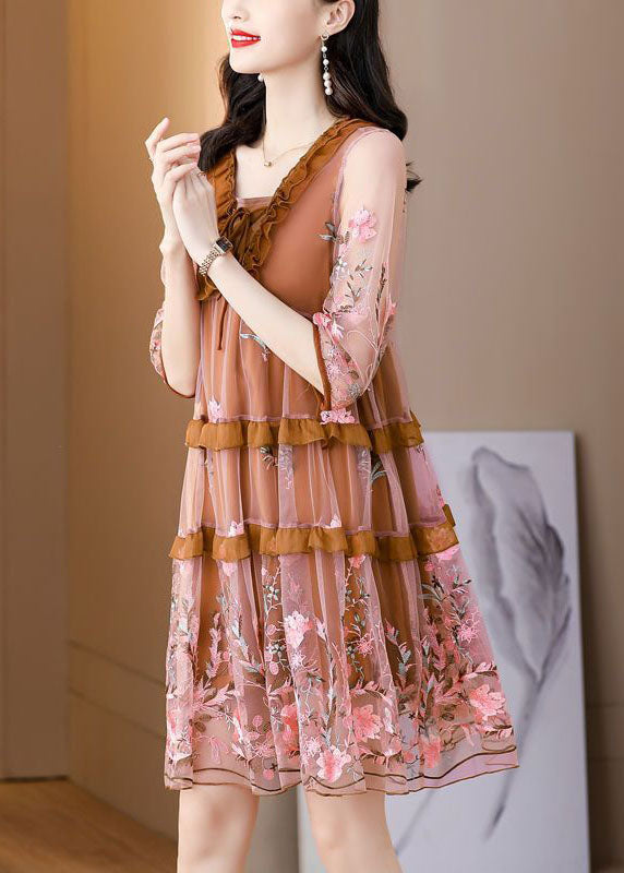 Diy Chocolate Embroideried Ruffled Lace Up Organza Dresses Half Sleeve
