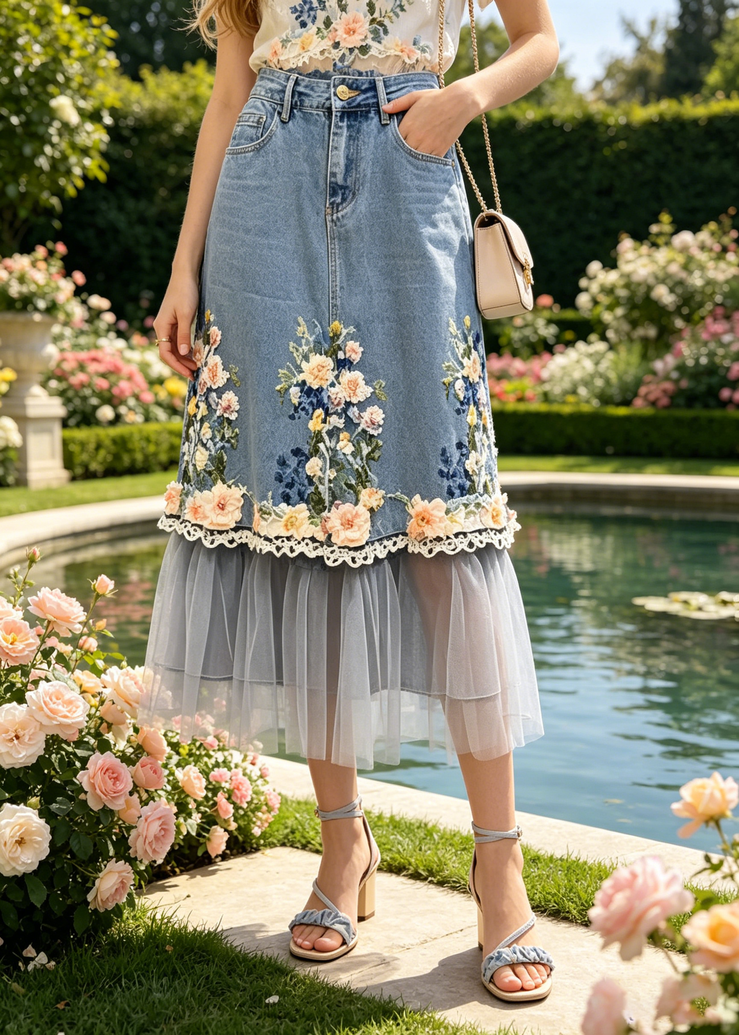Blue Flower Patchwork Tulle Denim Skirts Fall