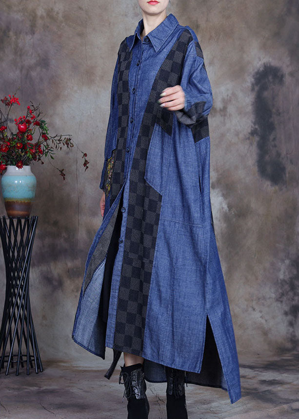 Denim Blue Patchwork Plaid Asymmetrical Design Fall Coats