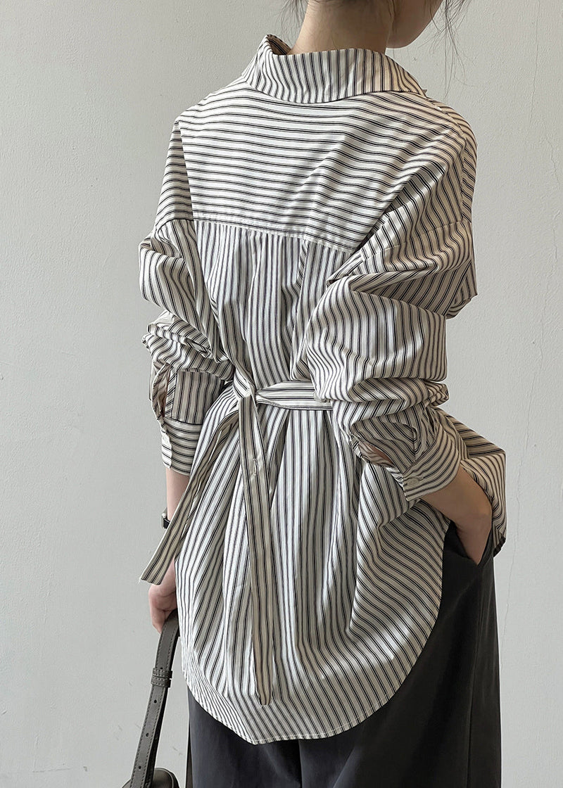 French Peter Pan Collar Striped Button Cotton Shirt Fall