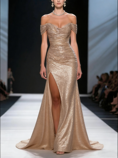 New Champagne Slash Neck Side Open Sequins Party Dress Summer