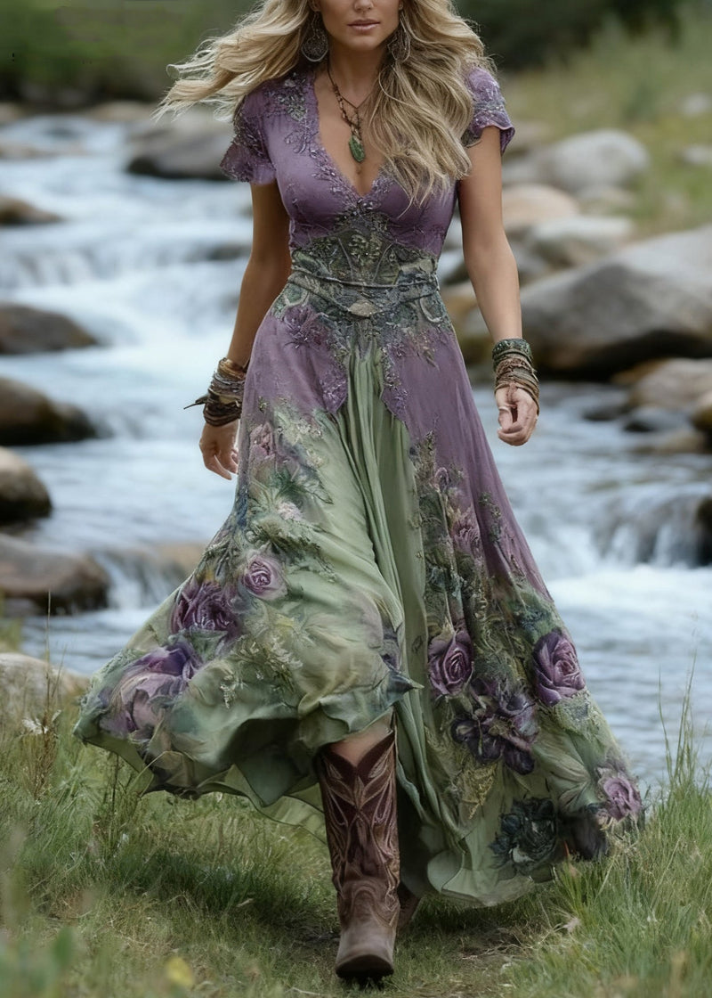 Green V Neck Print Patchwork Long Dresses Summer
