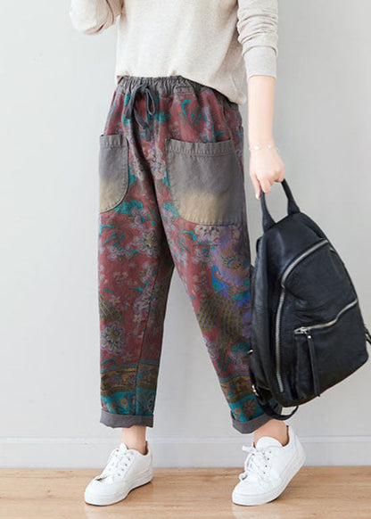 Unique Grey Tie Waist Pockets Patchwork Print Pants Spring