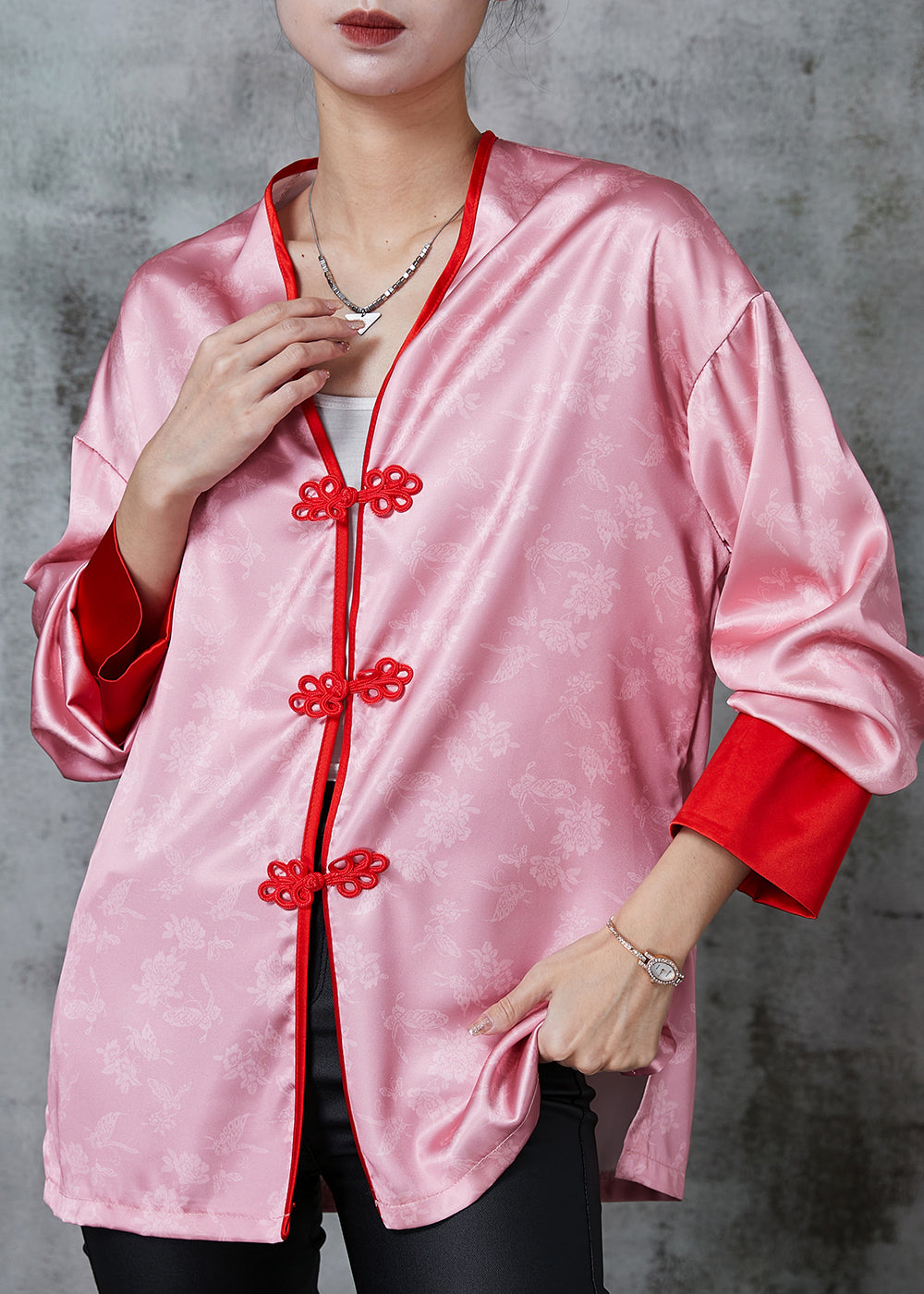 Pink Chinese Button Print Silk Blouse Tops Spring